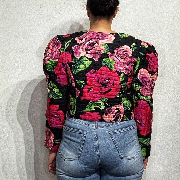Nuit Black Floral Silk Cropped Vintage Bolero Jacket Sz M - Picture 8 of 10